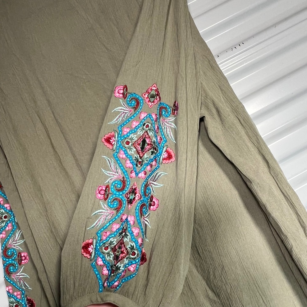 Soft Surroundings Sage Green Embroidered Tassel Maxi Dress XL Boho 2FB07 - Picture 3 of 5